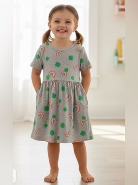 🌈☘️ Girls’ St. Patrick’s Day Dress | Clover & Rainbow | Gray | Size 5T